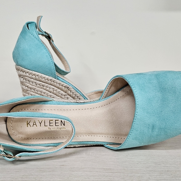 Turquoise Suede Ankle-Strap Espadrille Wedges - Picture 4 of 6